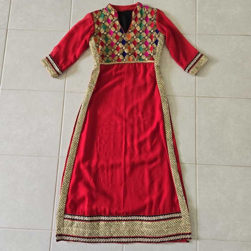 Red Salwar Kameez Straight Churidar Ready To Wear Embroidered size small